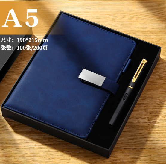 a5磁扣笔记本本子厚商务办公记事本b5会议记录本  A5深蓝200页贴片款（商务笔+礼盒）