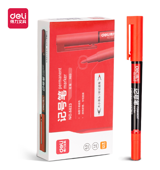 得力6823双头记号笔粗油性笔细勾线笔CD光盘笔快递笔唛头笔 12支装/盒 （红）